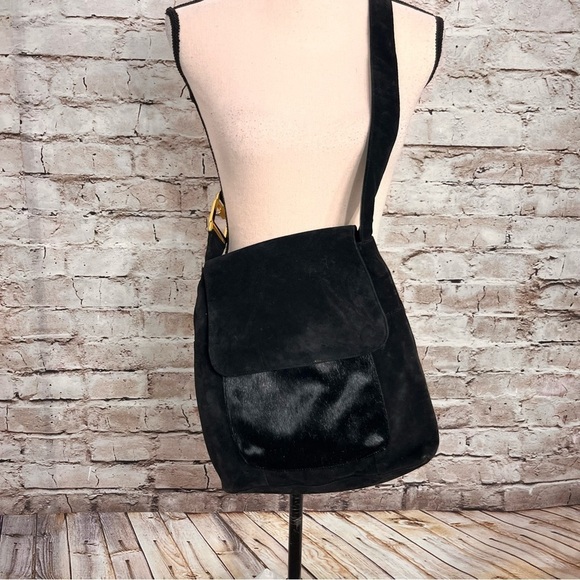 Americana by Sharif Black Suede & Calf Hair flap satchel crossbody Bag - Picture 1 of 11